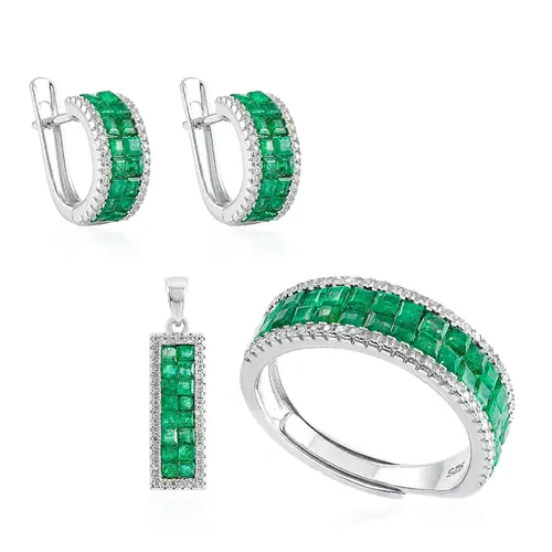 Conjunto Par de Brincos, Pingente e Anel de Prata com Diamantes e Esmeraldas. 124915