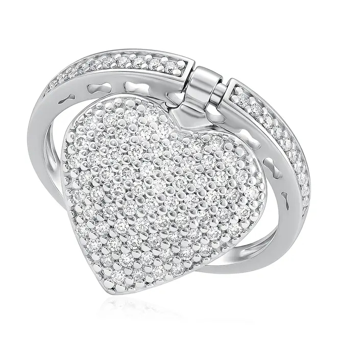 Anel Ouro Branco 18K com berloque Coração e Diamantes