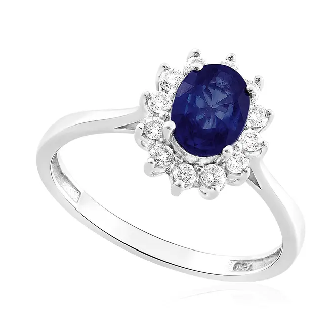 Anel de Ouro Branco 18K com Diamantes e Safira
