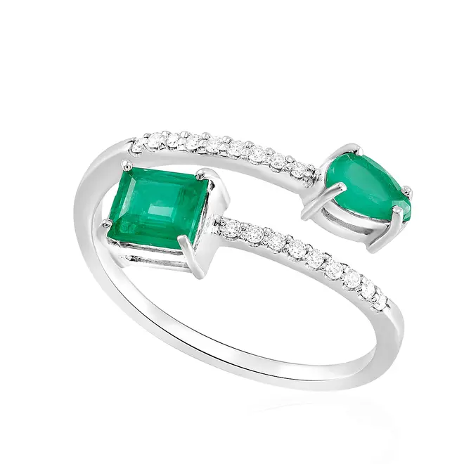 Anel de Ouro Branco 18K com Diamantes e Esmeraldas