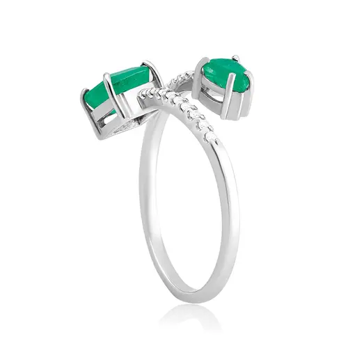 Anel de Ouro Branco 18K com Diamantes e Esmeraldas