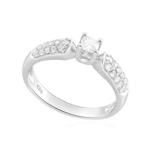 Anel de Ouro Branco 18K com Diamante Central e Diamantes