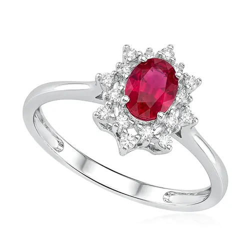 Anel de Ouro Branco com Diamantes e Rubi de 54 pts.