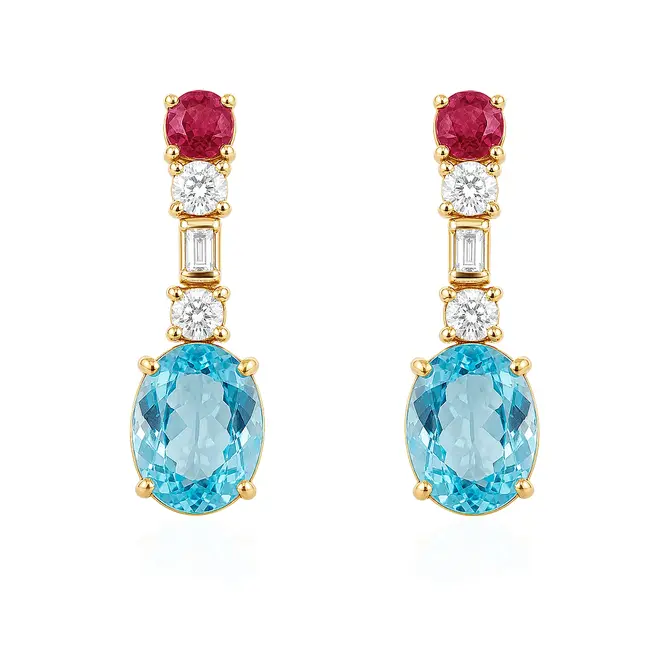 Par de Brincos de Ouro Amarelo com Diamantes, Rubis e Topázios Sky Blue