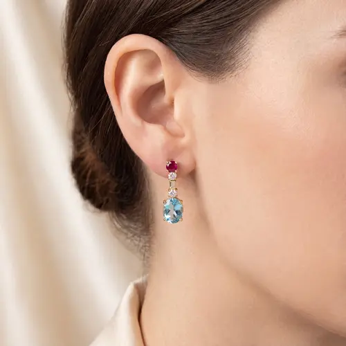 Par de Brincos de Ouro Amarelo com Diamantes, Rubis e Topázios Sky Blue