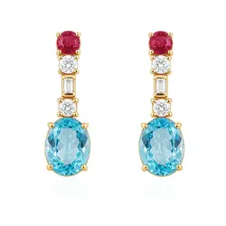 Par de Brincos de Ouro Amarelo com Diamantes, Rubis e Topázios Sky Blue