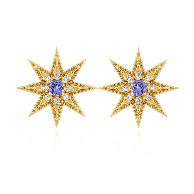 Par de Brincos Estrela com Diamantes e Tanzanitas em Ouro Amarelo
