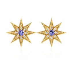 Par de Brincos Estrela com Diamantes e Tanzanitas em Ouro Amarelo