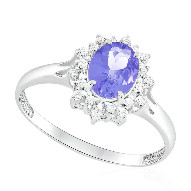 Anel de Ouro Branco com 20 Diamantes e Tanzanitas de 1,20 Cts.
