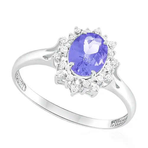 Anel de Ouro Branco com 20 Diamantes e Tanzanitas de 1,20 Cts.