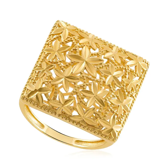 Anel Quadrado com Flores Vazadas Ouro Amarelo 18K