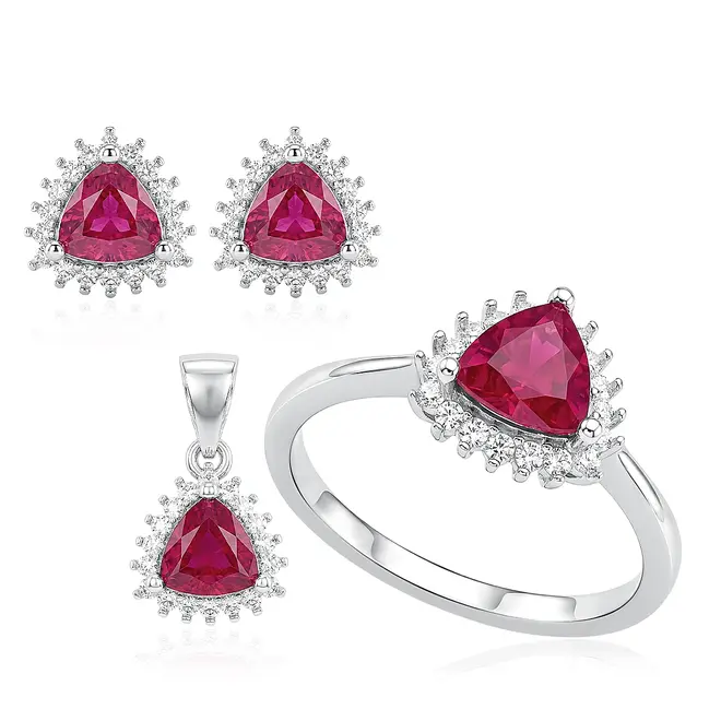 Conjunto Par de Brincos, Pingente e Anel de Prata com Rubis. 125183