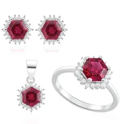 Conjunto Par de Brincos, Pingente e Anel de Prata com Rubis. 125196