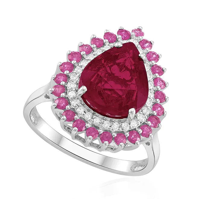 Anel de Ouro Branco com Diamantes, Safiras Rosa e Rubelita de 4,8 Cts.