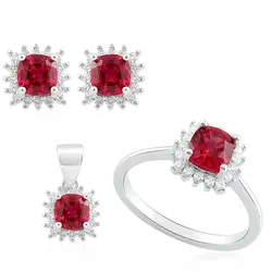 Conjunto Par de Brincos, Pingente e Anel de Prata com Rubis. 125205