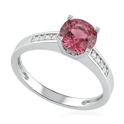 Anel Solitário de Ouro Branco com Diamantes e Rubelita de 1,50 Cts.