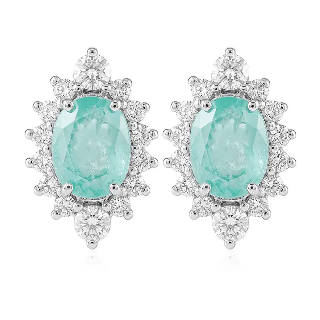 Par de Brincos de Ouro Branco com 28 Diamantes e Turmalina Paraiba 1,82 Cts.