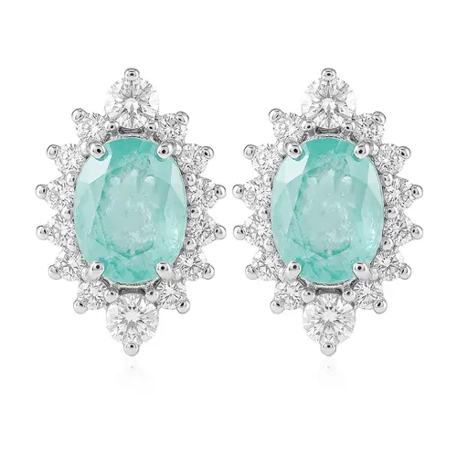 Par de Brincos de Ouro Branco com 28 Diamantes e Turmalina Paraiba 1,82 Cts.