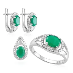 Conjunto Par de Brincos, Pingente e Anel de Prata com Esmeraldas. 125272