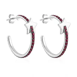 Par de Brincos Argola Estrela  de Prata com Rubis.