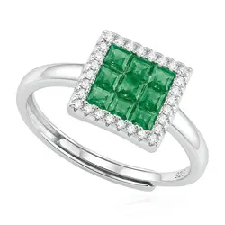 Anel de Prata com Diamantes e Esmeralda. 125299