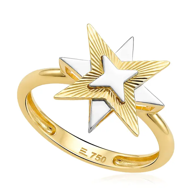 Anel Estrela de Ouro Amarelo com Detalhes em Ródio