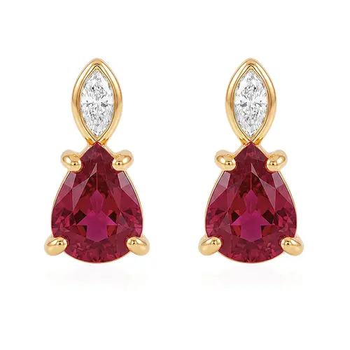 Par de Brincos de Ouro Amarelo com Diamantes e Rubis.
