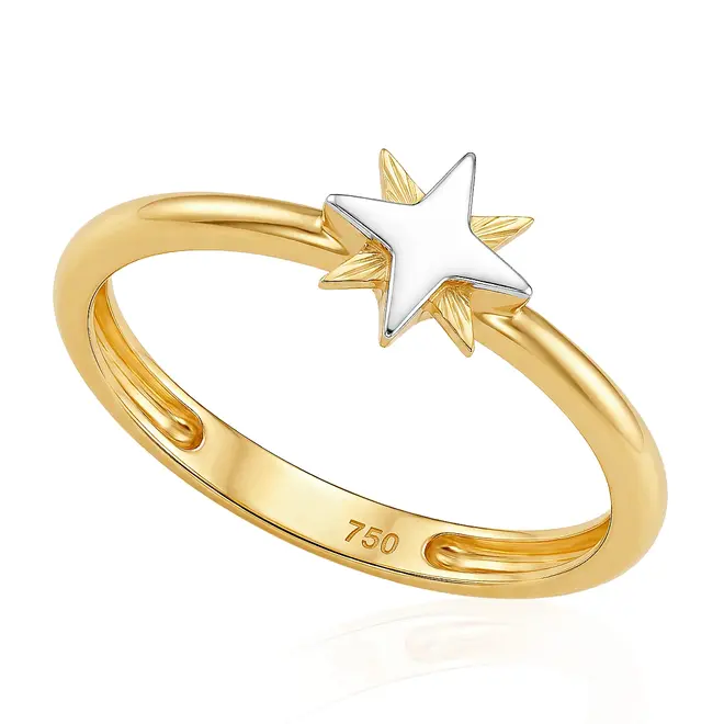 Anel Estrela de Ouro Amarelo com Detalhes em Ródio 121756