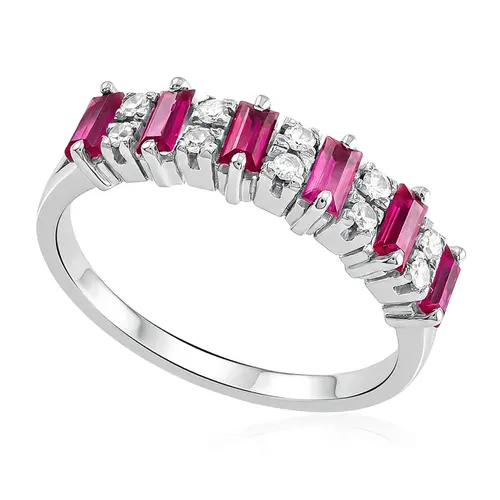 Meia Aliança de Ouro Branco com 10 Diamantes e 6 Rubis.