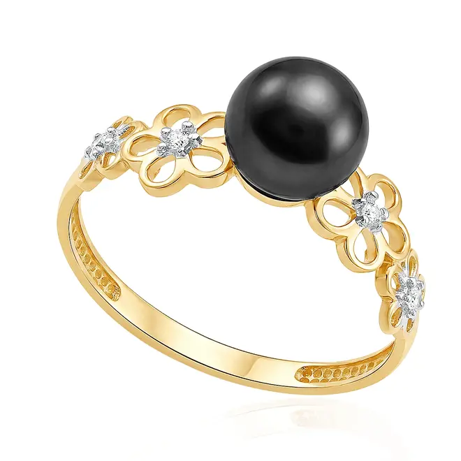 Anel Flores de Ouro Amarelo com Pérola Negra de 6 mm e 4 Diamantes
