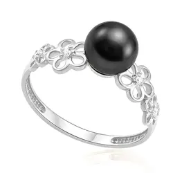 Anel Flores de Ouro Branco com Pérola Negra de 7 mm e 4 Diamantes