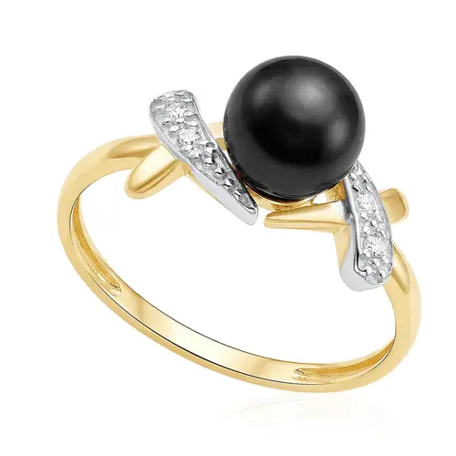 Anel de Ouro Amarelo com Pérola Negra de 7 mm e 4 Diamantes
