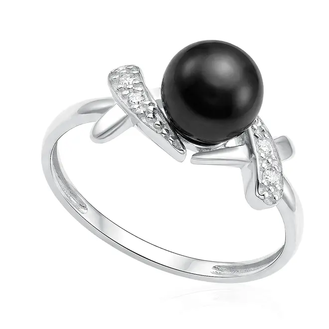 Anel de Ouro Branco com Pérola Negra de 7 mm e 4 Diamantes
