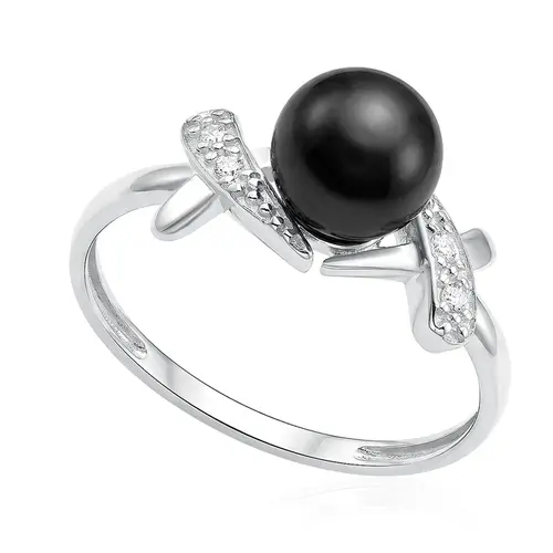 Anel de Ouro Branco com Pérola Negra de 7 mm e 4 Diamantes