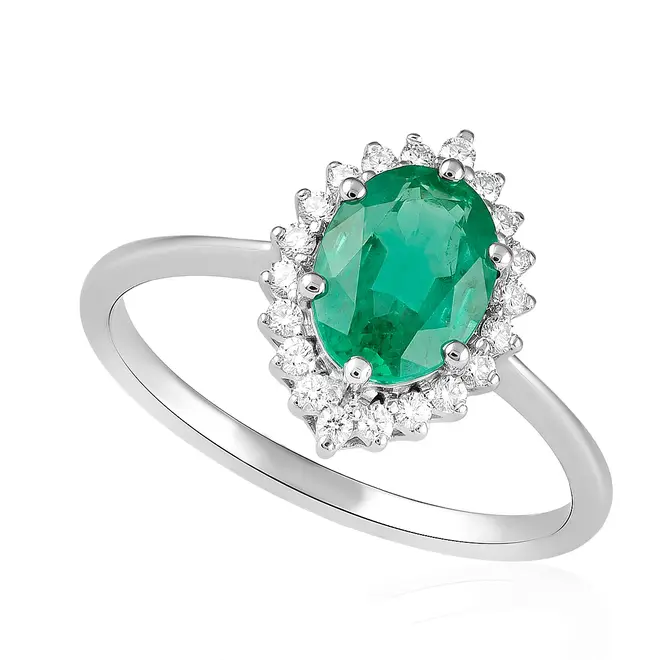 Anel de Ouro Branco com 20 Diamantes e Esmeralda de 1,4 Cts.
