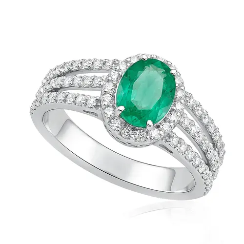 Anel de Ouro Branco com 72 Diamantes e Esmeralda 1,4 Cts.