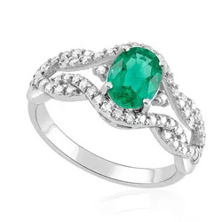 Anel de Ouro Branco com 52 Diamantes e Esmeralda 1,4 Cts.