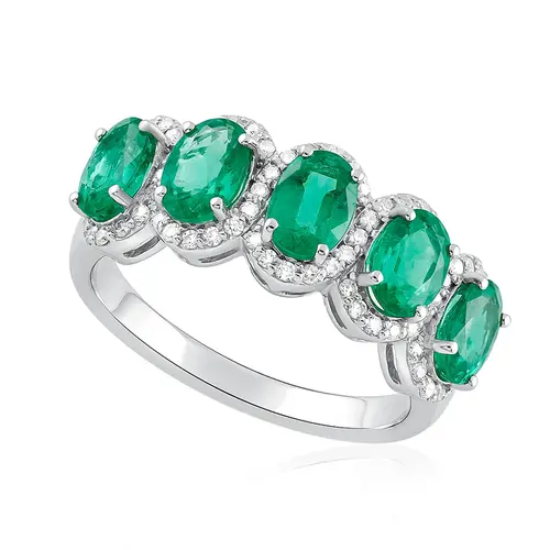 Meia Aliança de Ouro Branco com 68 Diamantes e Esmeralda 1,8 Cts.