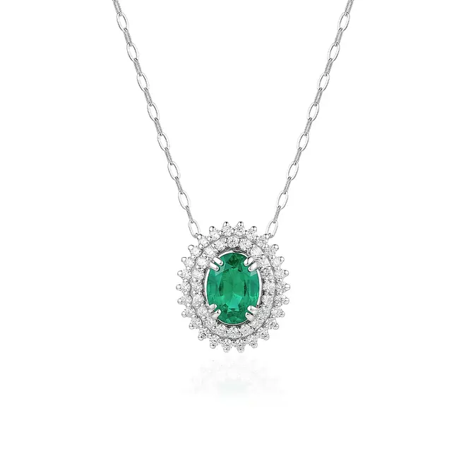 Pingente de Ouro Branco com Corrente, Diamantes e Esmeralda de 1,4 Cts