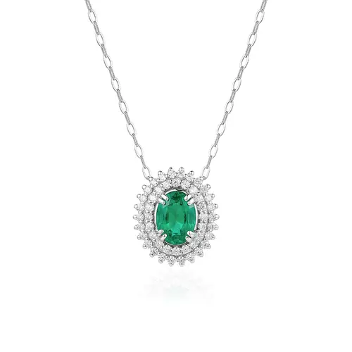 Pingente de Ouro Branco com Corrente, Diamantes e Esmeralda de 1,4 Cts