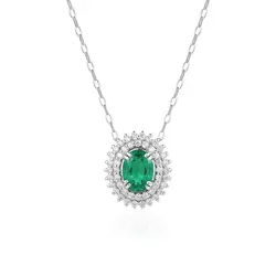 Pingente de Ouro Branco com Corrente, Diamantes e Esmeralda de 1,4 Cts