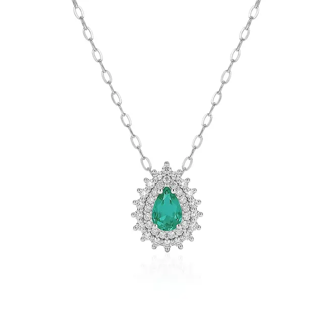 Pingente de Ouro Branco com Corrente, Diamantes e Esmeralda 125426
