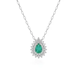 Pingente de Ouro Branco com Corrente, Diamantes e Esmeralda 125426