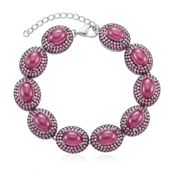 Pulseira de Prata com 10 Rubis Cabochon Oval Totalizando 120 Cts.