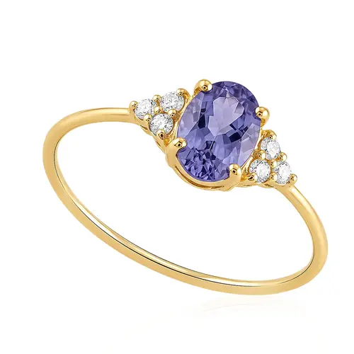 Anel de Ouro Amarelo com 6 Diamantes e Tanzanita Oval.