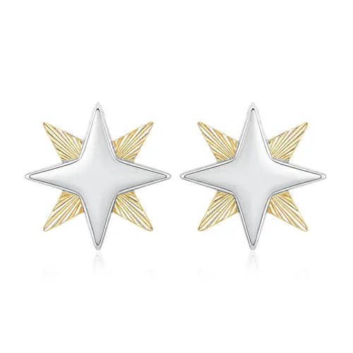 Par de Brincos Estrela de Ouro Amarelo e Ouro Branco