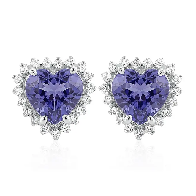 Par de Brincos Coração de Ouro Branco com 38 Diamantes e Tanzanitas.