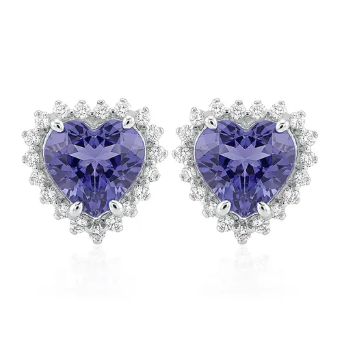 Par de Brincos Coração de Ouro Branco com 38 Diamantes e Tanzanitas.