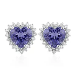 Par de Brincos Coração de Ouro Branco com 38 Diamantes e Tanzanitas.