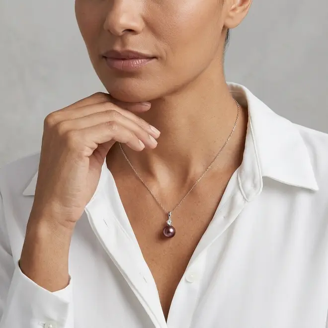 Pingente e Corrente de Ouro Branco com Diamante de Laboratório e Pérola Marrom